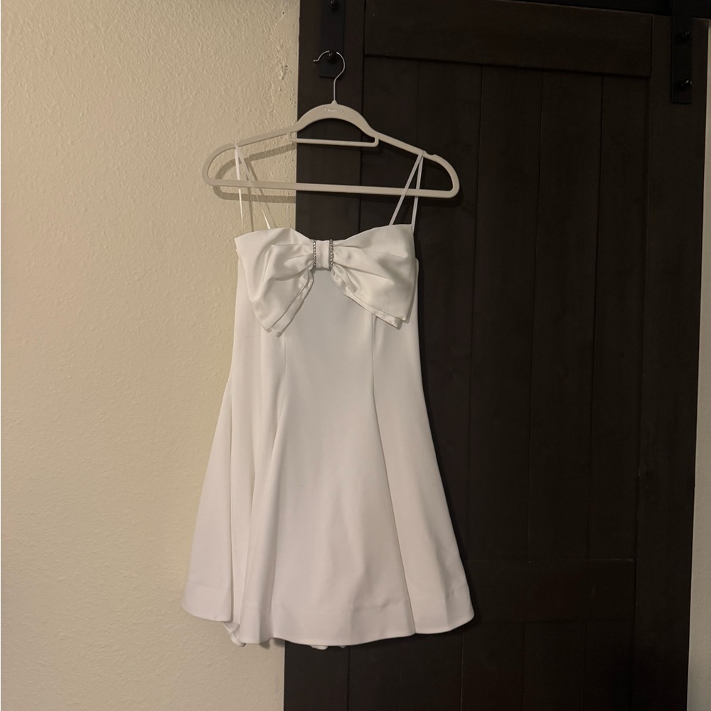 B Darlin White Spaghetti Strap Mini with Bow Accent